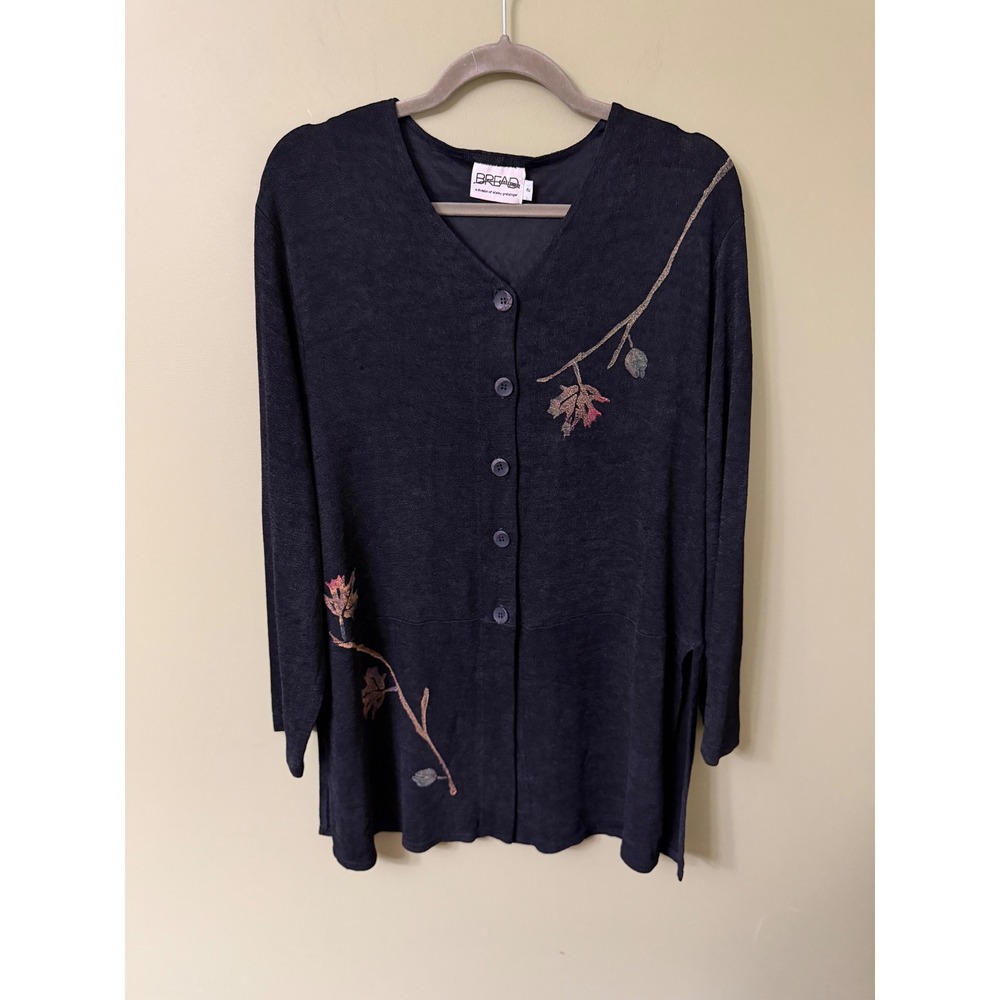 Vintage Bread Staley Gretzinger Black Embroidered Leaf Button Up Cardigan